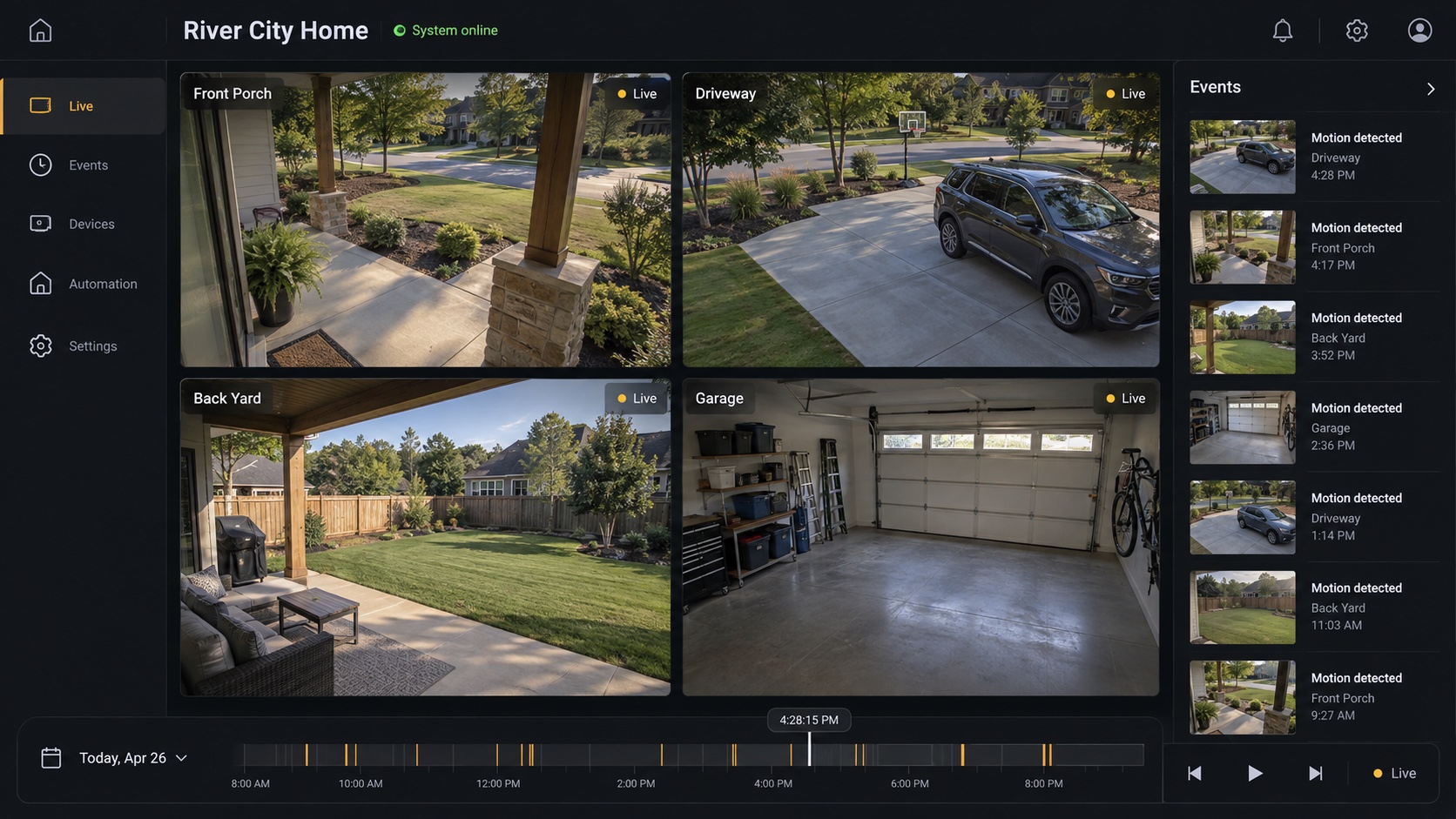 Original illustration of a desktop home-camera dashboard with four live views, recorded events, and a playback timeline