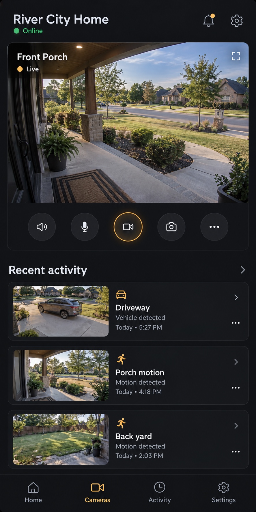 Original illustration of a mobile home-camera dashboard with a live porch view and recent activity